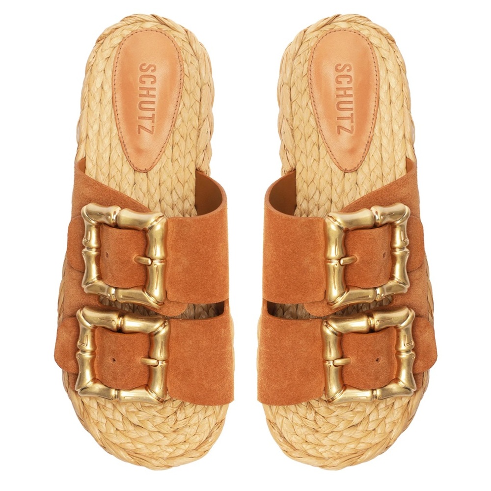 SCHUTZ Tan Sandals with Gold Buckles
